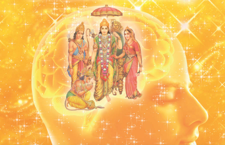 Images of characters from the Ramayana, with a golden brain and starry background